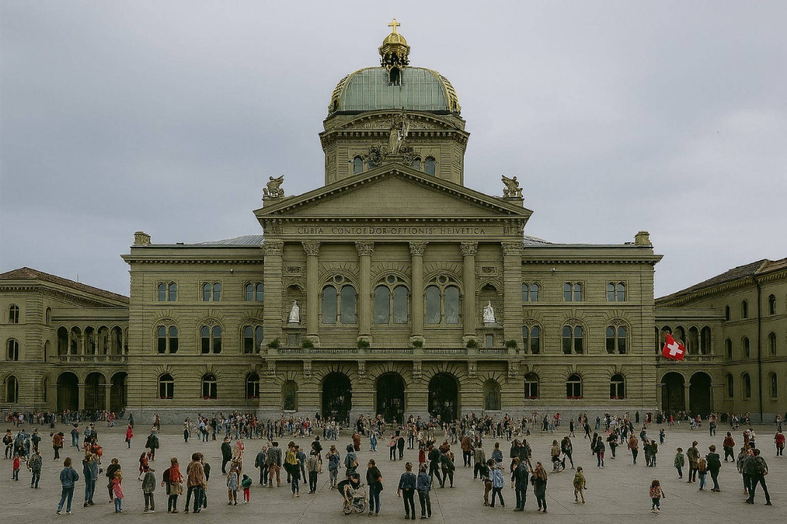 Bundeshaus in Bern mit Bundesplatz und Passantinnen und Passanten