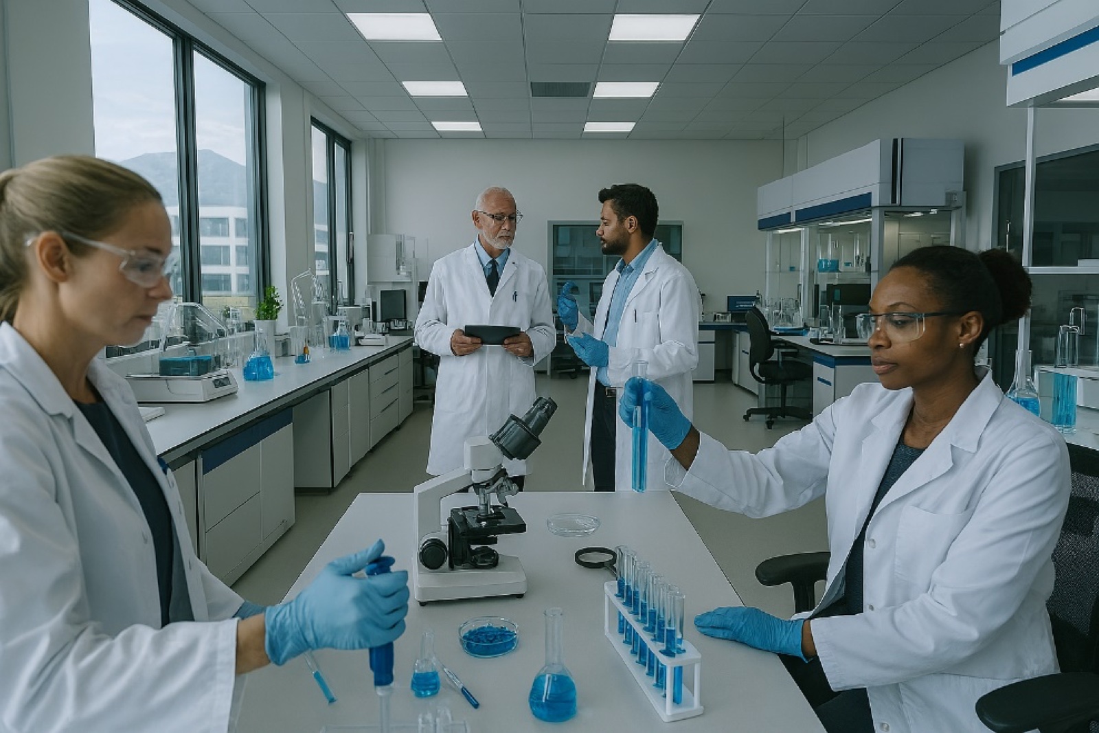 Forschungslabor mit Wissenschaftlerinnen und Wissenschaftlern bei der Probenanalyse