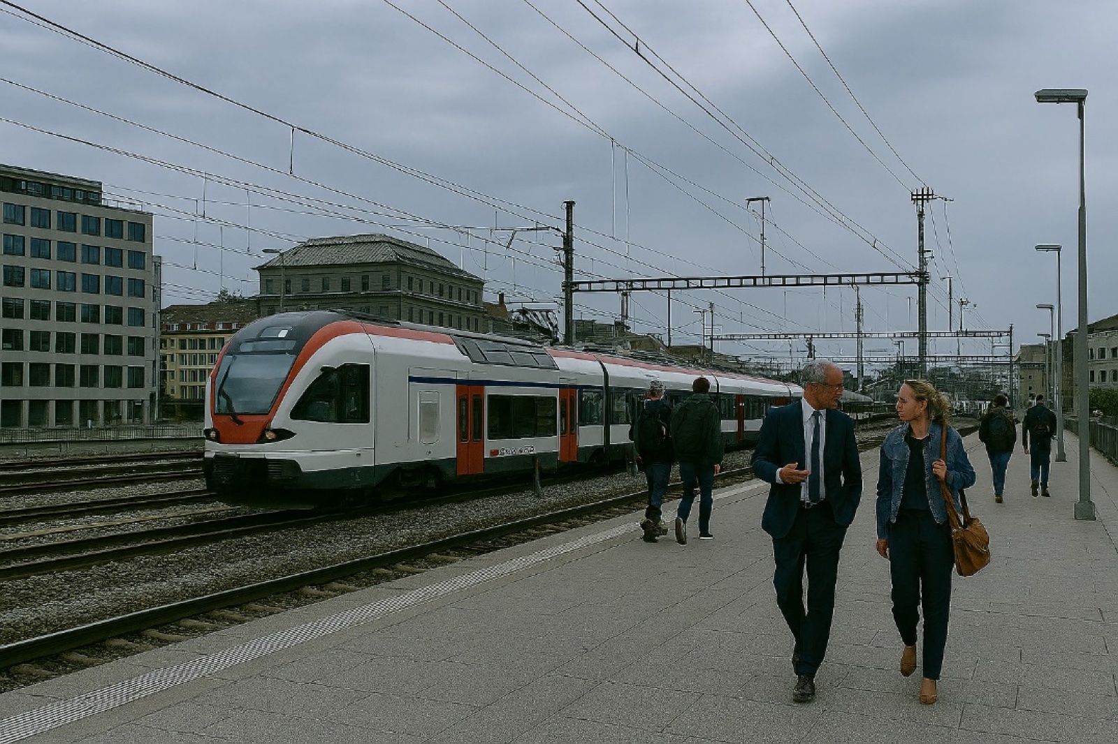 Schweizer Regionalzug am Bahnsteig mit Passagieren und Geschäftsleuten