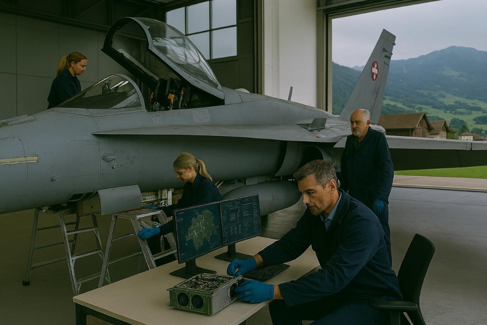 Wartungsteam an einem Kampfflugzeug der Schweizer Luftwaffe im Hangar